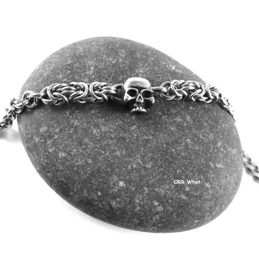 Steel Skull Bracelet Chain Link Handmade Goth Mixed Maille Unique Rocker Jewelry